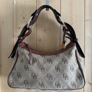 DOONEY & BOURKE SIGNATURE DB East/West Brown Canvas leather bag purse Crescent
